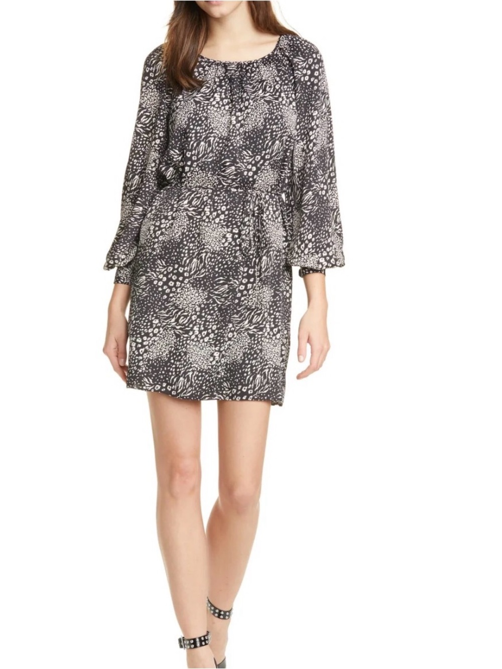 Joie Printed Long Sleeve Shift Dress - Black & White